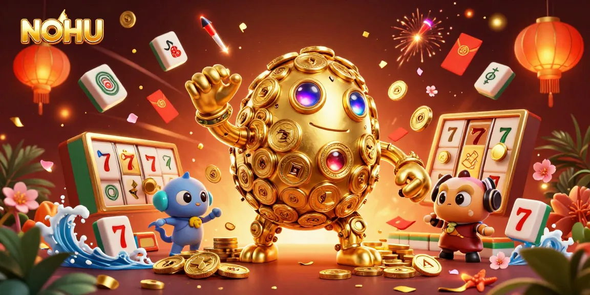 Experience thrilling spins and golden wins with NOHU, a vibrant illustration capturing dynamic casino excitement.