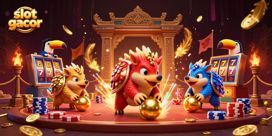 Experience the thrilling world of slot gacor with pangolins competing amidst vibrant casino elements.